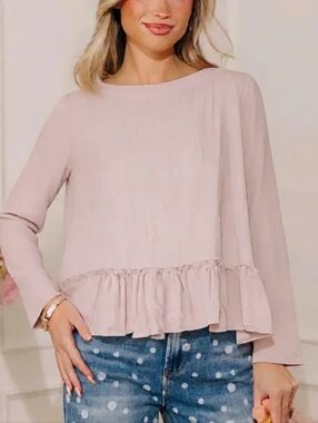 cloth & stone Light Blush Ruffle-Hem Long Sleeve Top